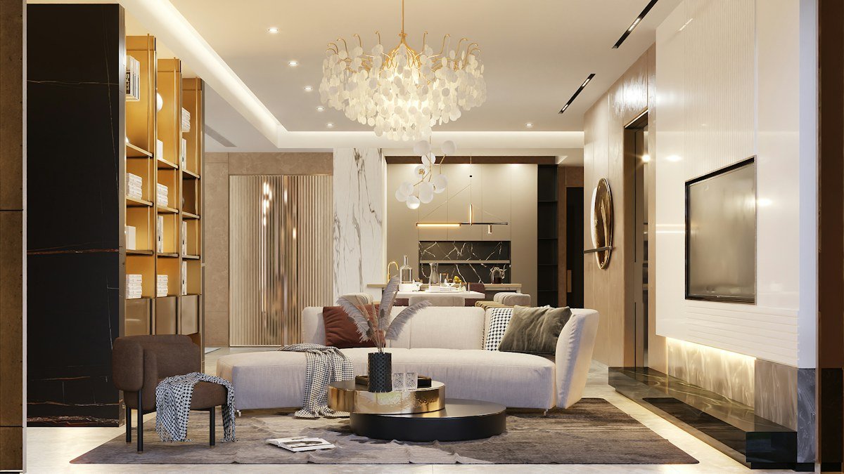 Illustrative double-height living room with thoughtful architectural details