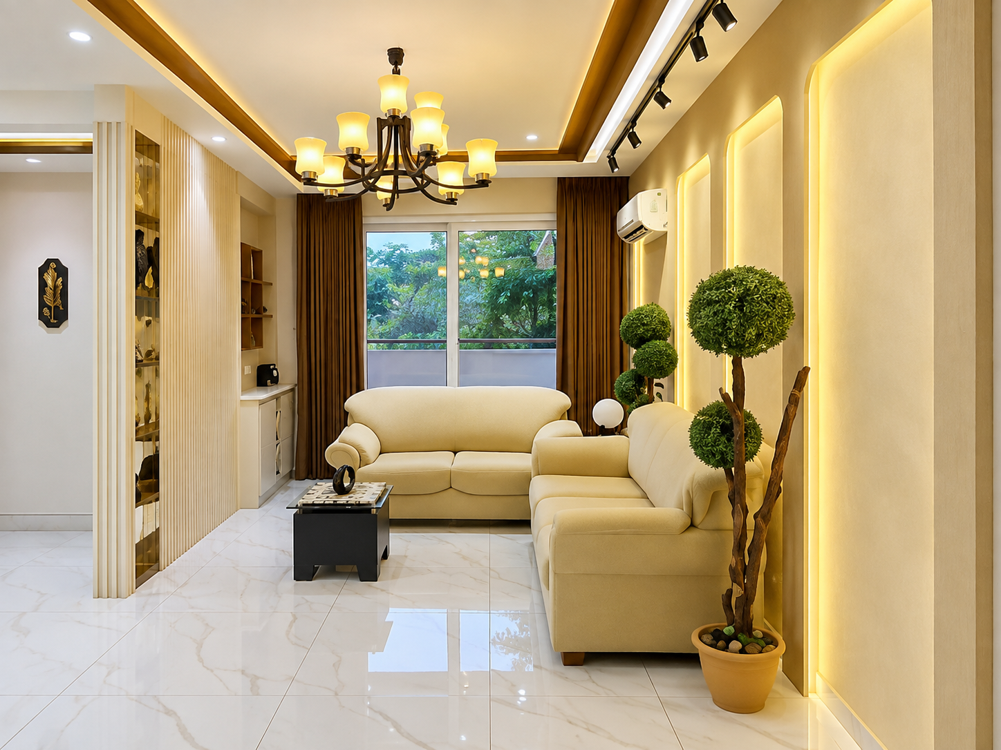 Savitri Greens 2 — 3 BHK: Living room with seating and balcony doors